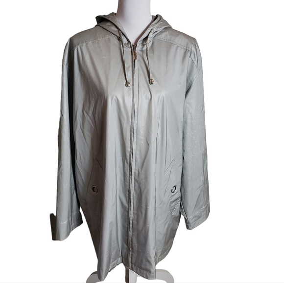 Vintage Komitor Silver Hooded Rain Coat Sz 1X Zip-Up Utility Windbreaker Jacket - Picture 1 of 16